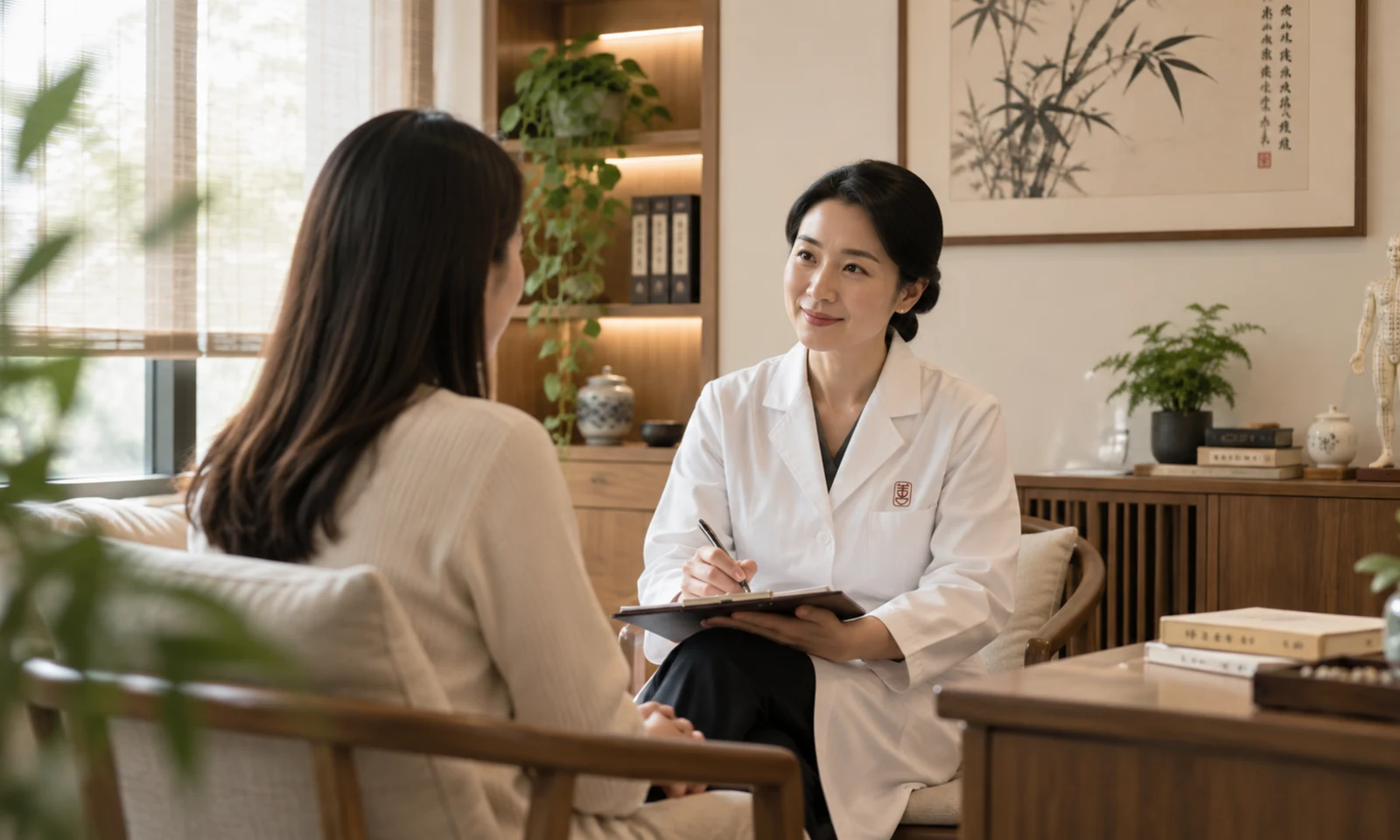 Close-up of a TCM consultation and pulse assessment