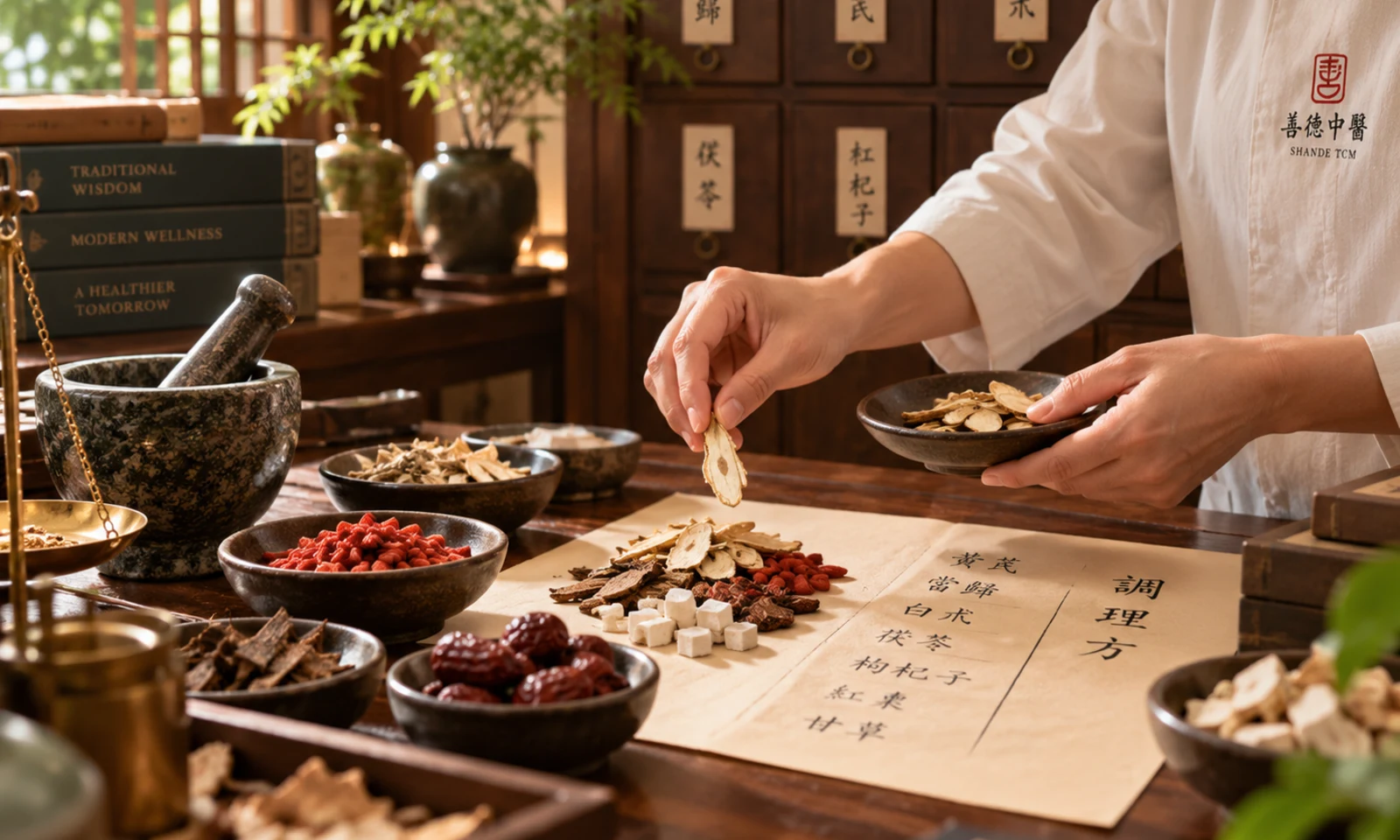Chinese herbs being prepared in an apothecary workspace